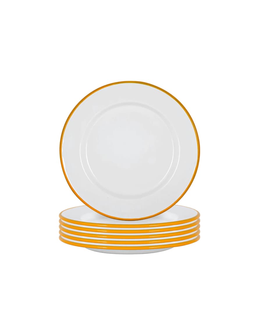 Set of 6 Mustard Rimmed Enamel Dinner Plates, 25cm