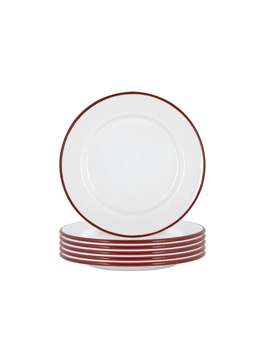 Set of 6 Burgundy Red Rimmed Enamel Dinner Plates, 25cm