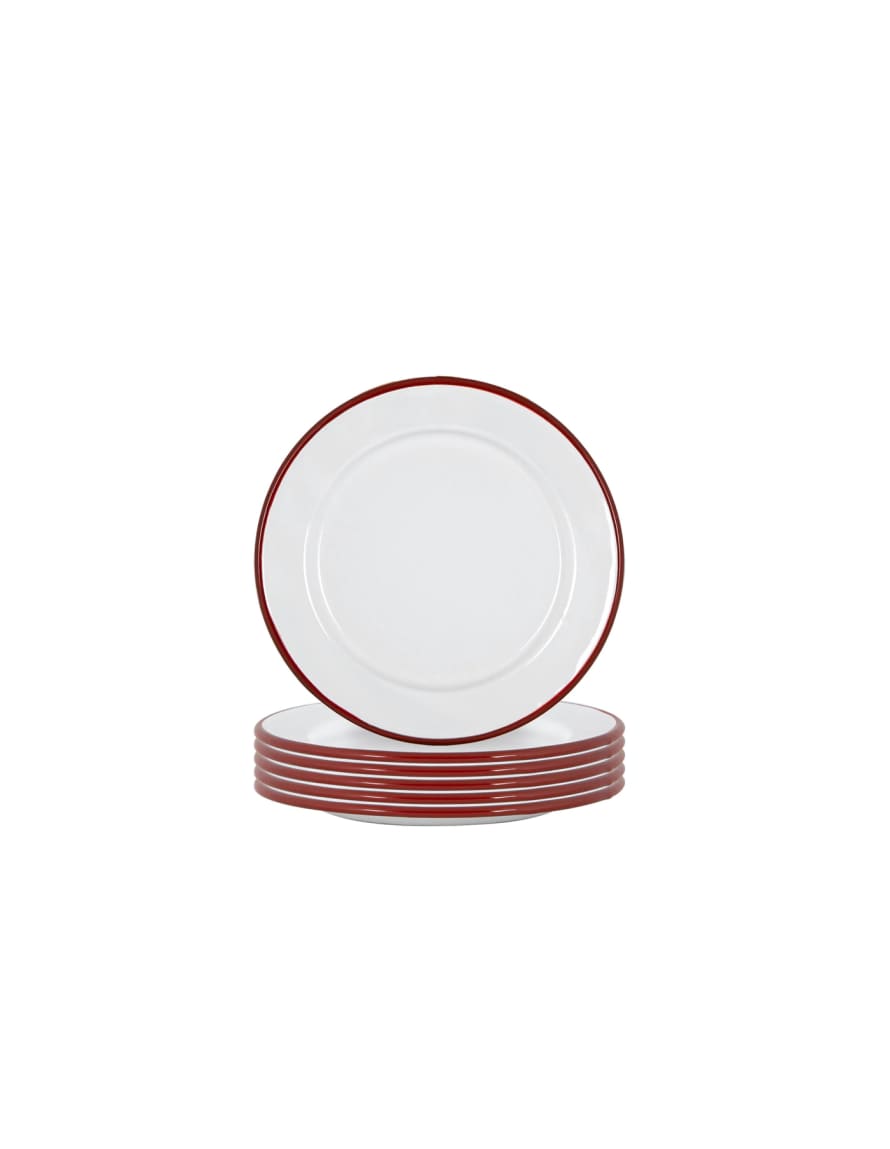 Set of 6 Burgundy Red Rimmed Enamel Side Plate, 20cm