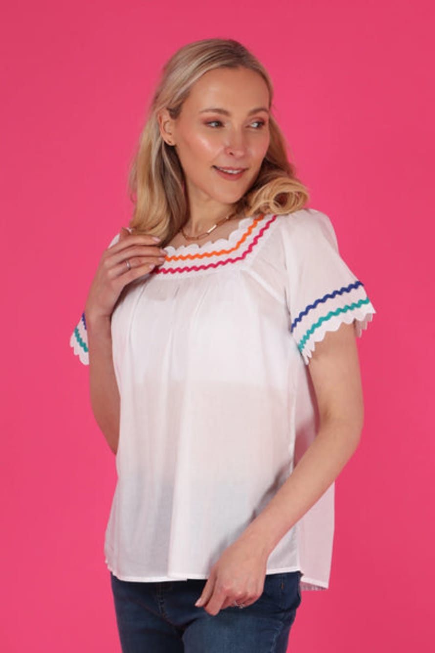 Indi+Will Colourful Wavy Trim Cotton Smock Top In White