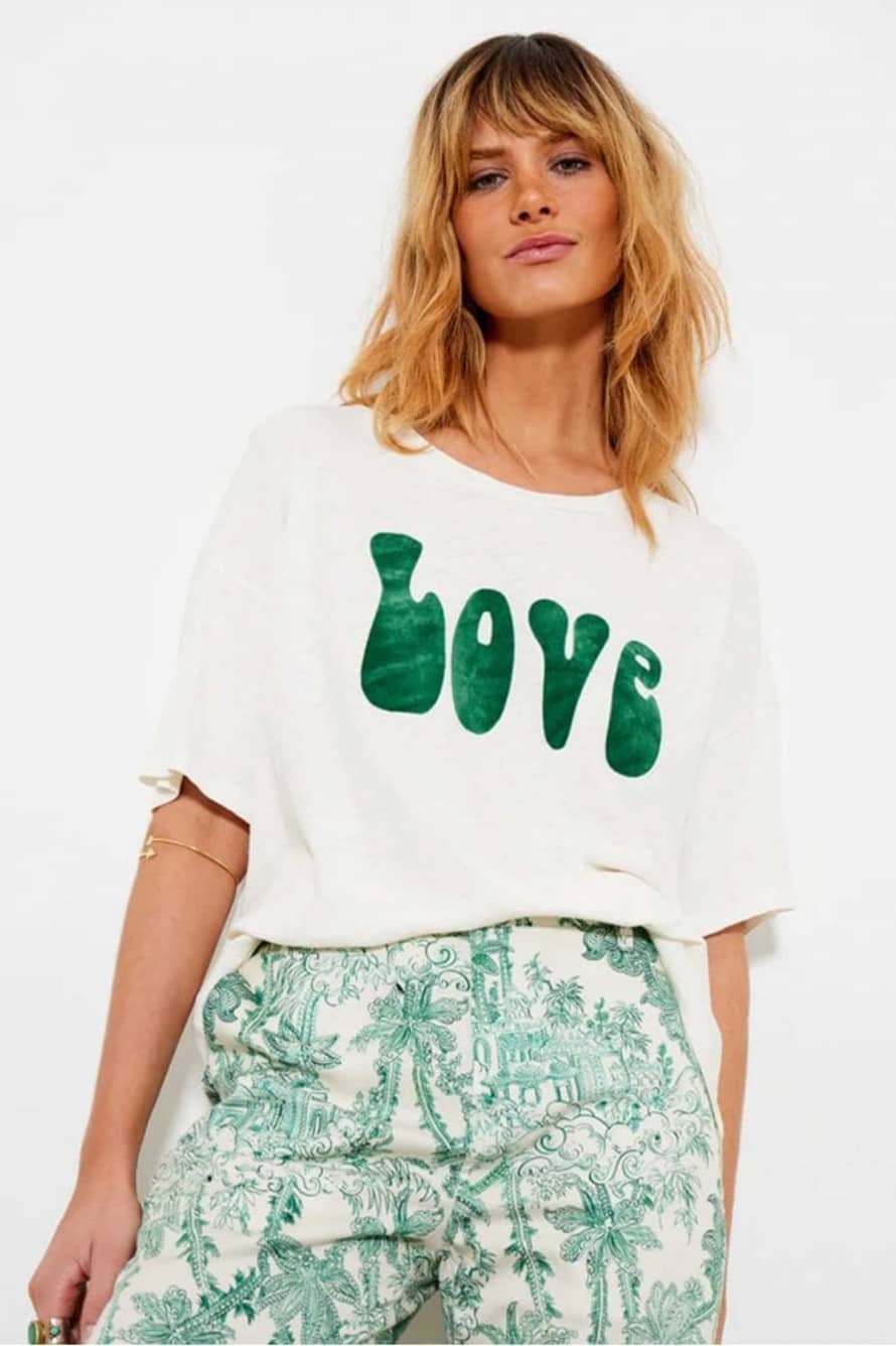 Five Jeans Off White and Green Love T Shirt 