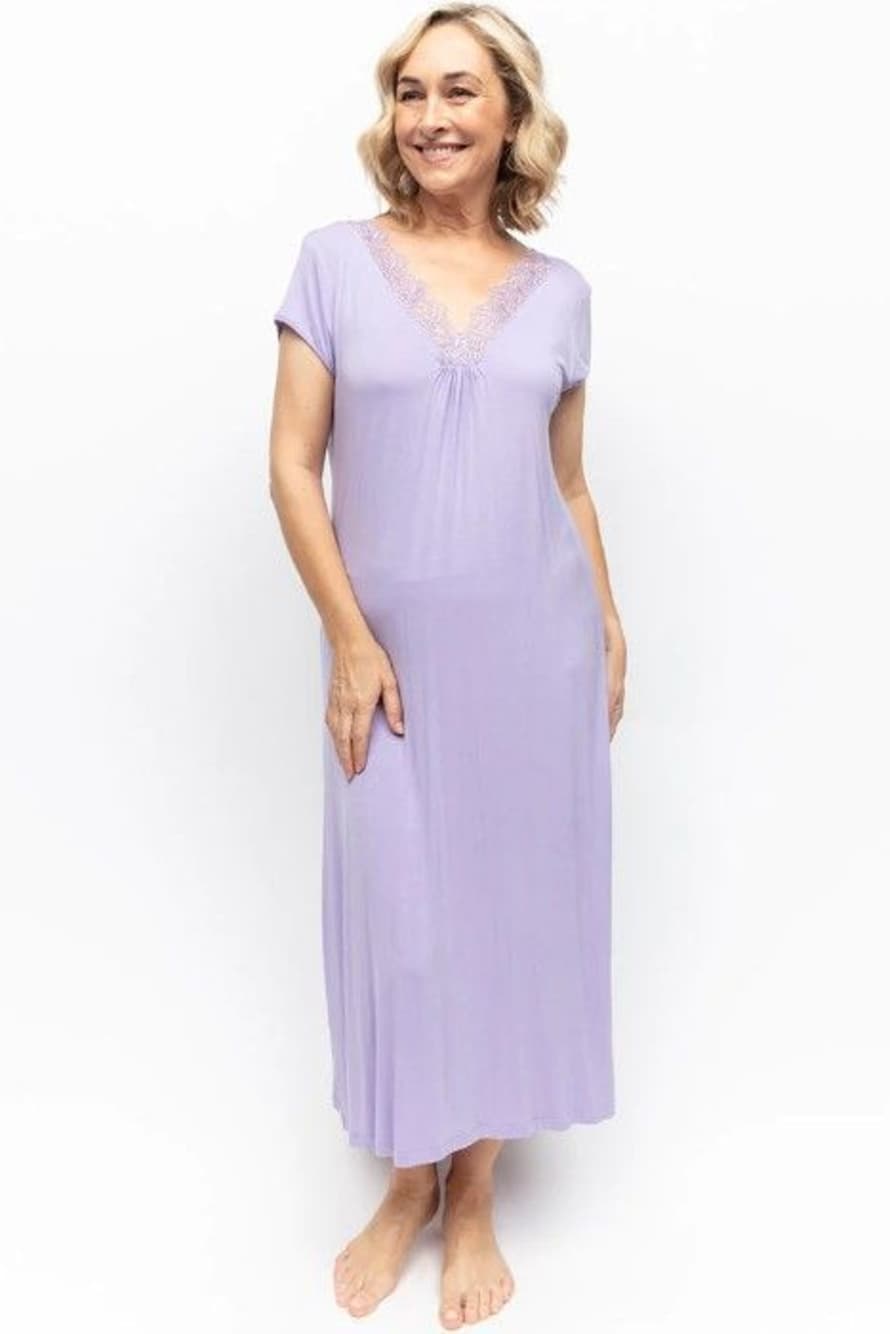 Nora Rose  Lorelei Lace Detail Jersey Long Nightdress In Purple