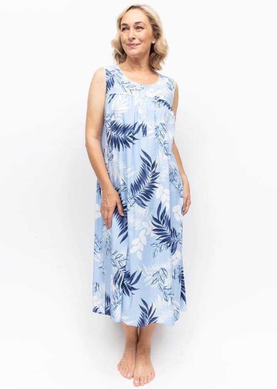 Nora Rose  Selena Lace Trim Leaf Print Long Nightdress In Blue
