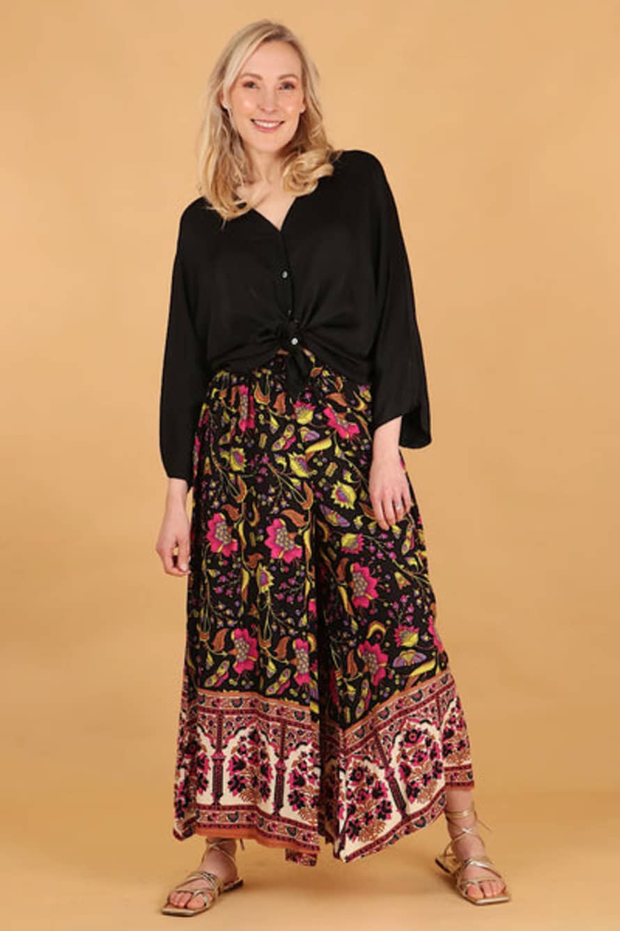 Miss Shorthair Black Vintage Floral & Butterfly Palazzo Trousers