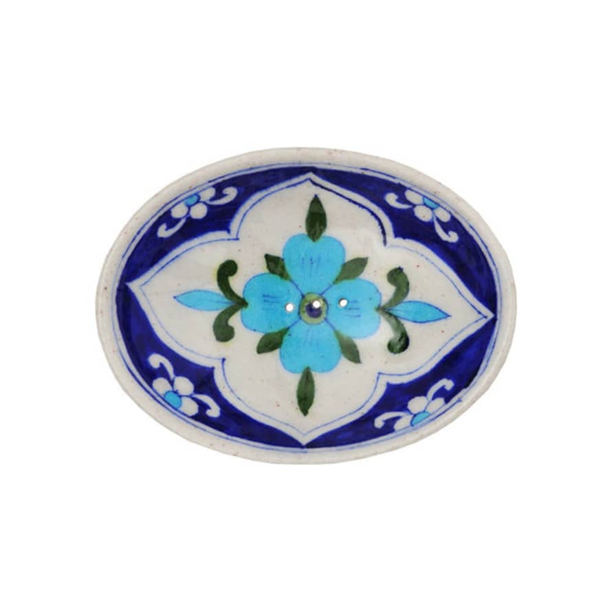 livs Soap Dish - Handmade, Turquoise Flower On Blue & White
