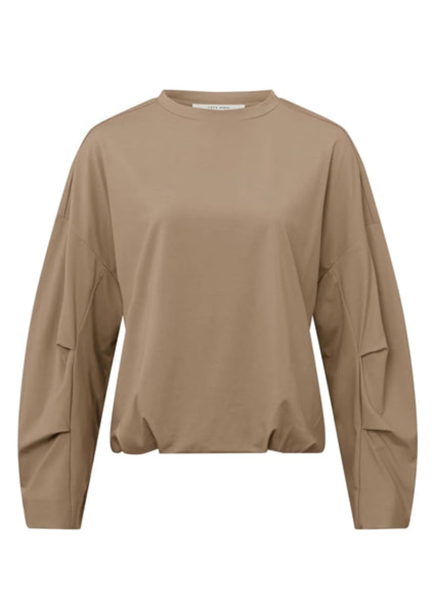Yaya Top With Crewneck, Long Sleeves & Pleated Details Affogato Brown