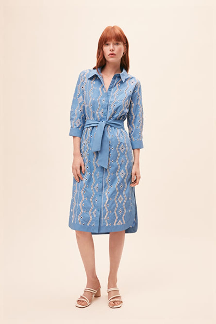 SUNCOO Clea Embroidered Midi Shirt Dress - Blue
