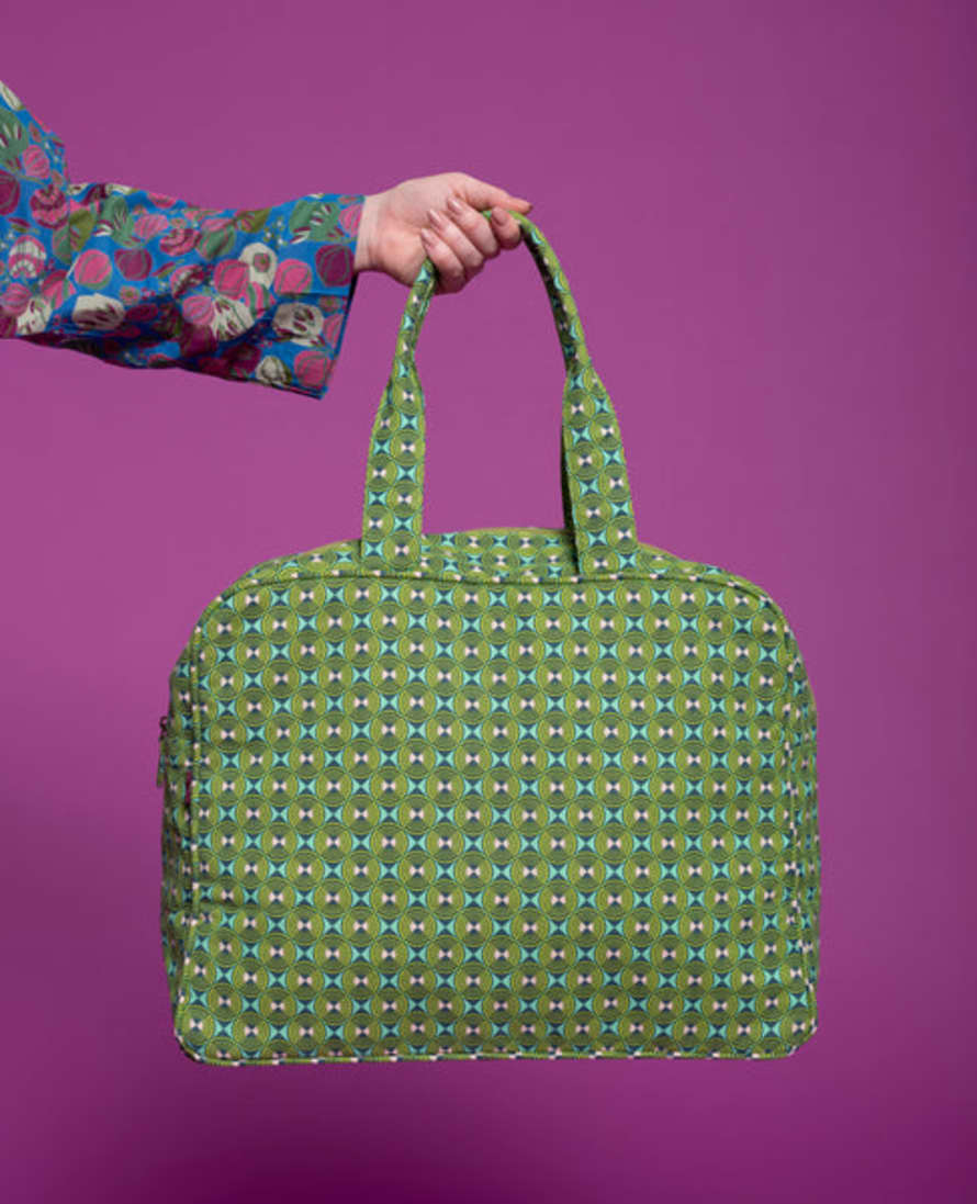 Les Touristes De Paris Organic Printed Cotton Weekend Bag - Ziggy Green (lining Bloom Orange)