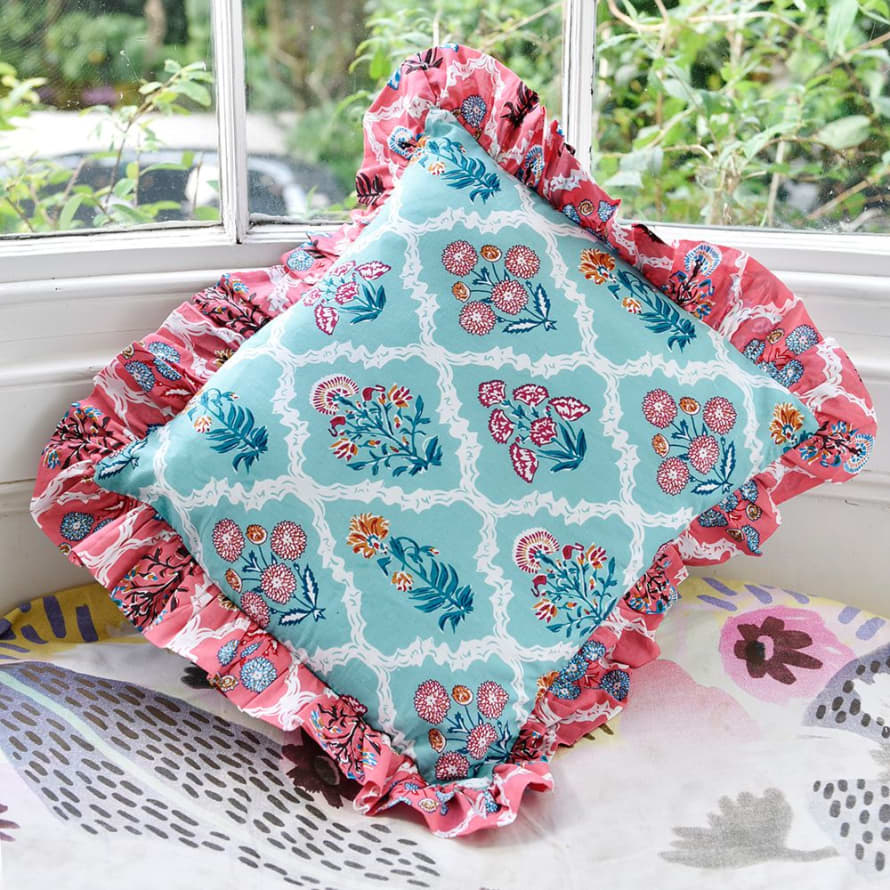 Powell Craft Block Printed Turquoise & Pink Floral Indian Cushion