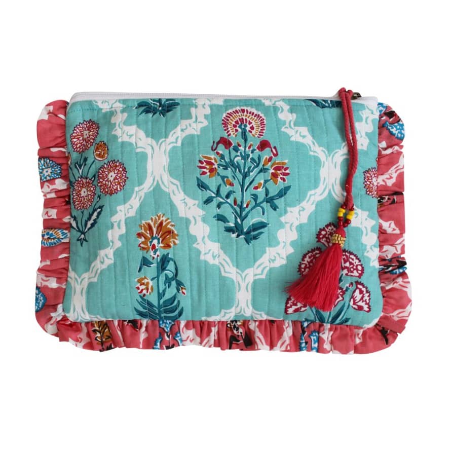 Powell Craft Block Printed Turquoise & Pink Floral Quilted Make Up Bag