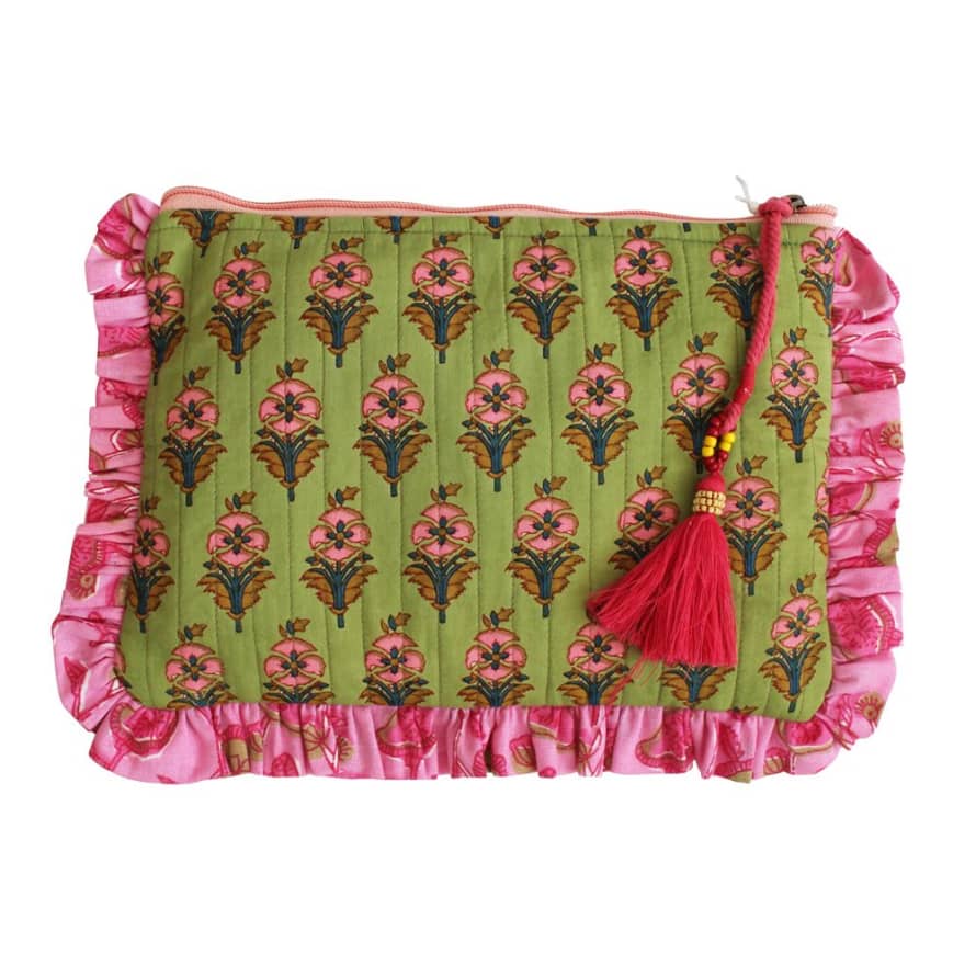 Powell Craft Block Printed Green & Pink Floral Quilted Make Up Bag