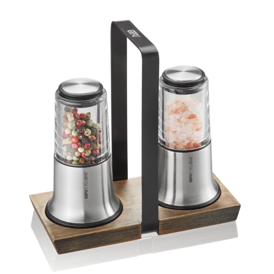 Gefu Germany Salt and Pepper Mill Table Condiment Set X-Plosion Design In Stainless Steel
