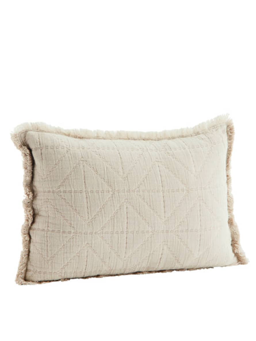Madam Stoltz  Light Taupe Embroidered Geometric Cushion with Fringe
