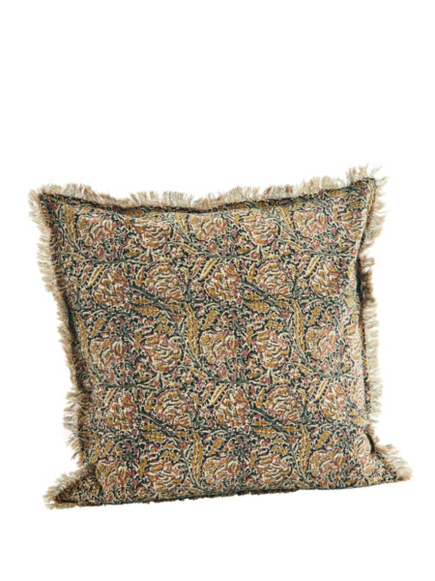 Madam Stoltz Black, Mustard, Raspberry & Sand Printed Cushion with Fringe