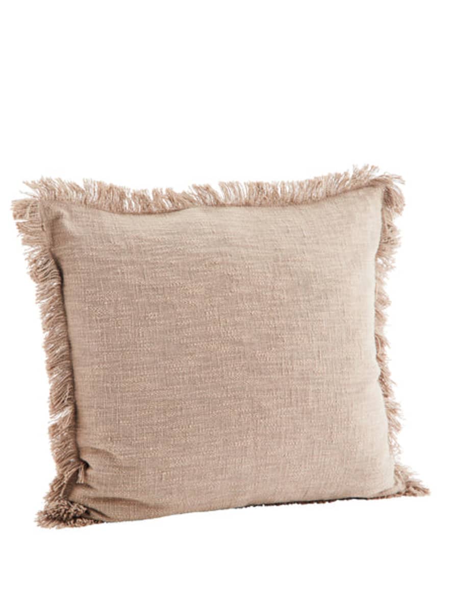 Madam Stoltz Taupe Cotton Cushion with Fringe