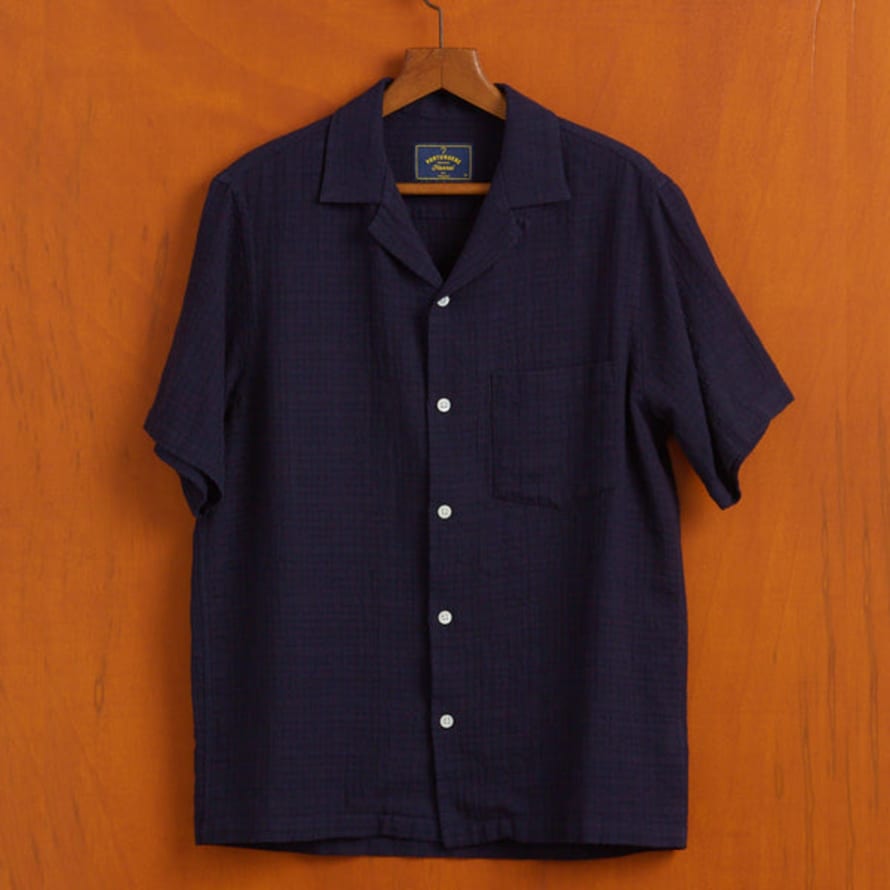  Portuguese Flannel Grain Cotton Short Sleeved Shirt Navy