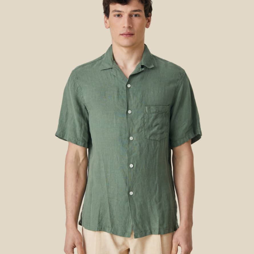  Portuguese Flannel Linen Camp Collar Short Sleeved Shirt Dry Green