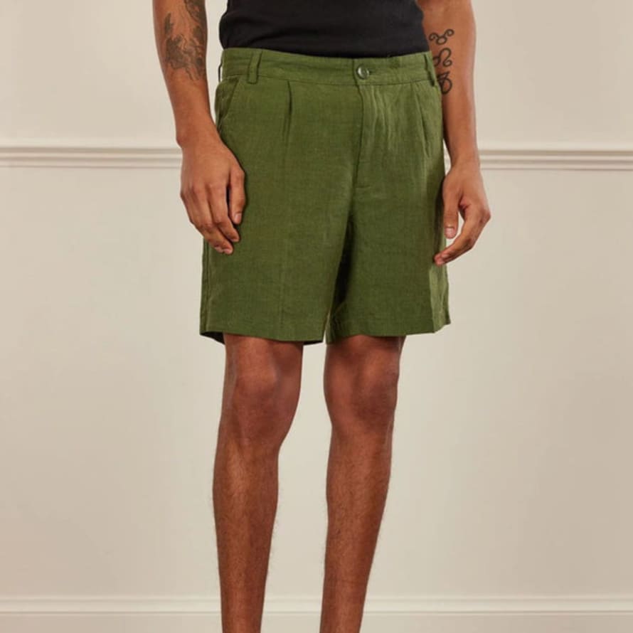 Percival Pleated Linen Shorts Forest