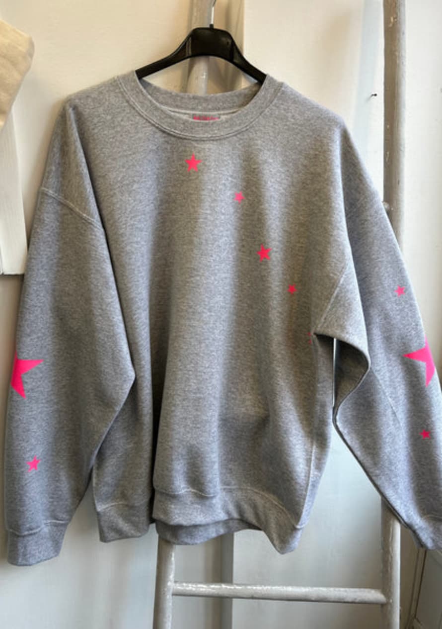 BUNNY AND CLARKE Star Sleeve & Spray Sweatshirt - Grey & Neon Pink Stars