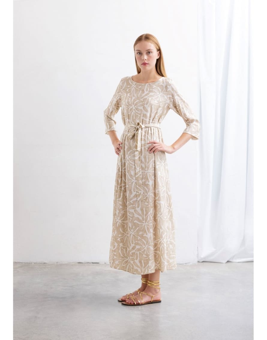 Whyci Milano Floral Print Midi Dress with Belt 2052 Beige