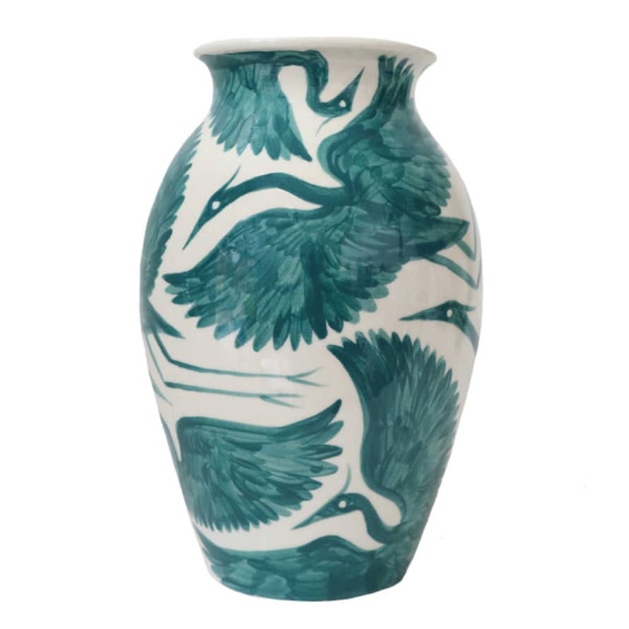 Rosanna Corfe Large Hand Painted Herons Classic Vase - Forest Green