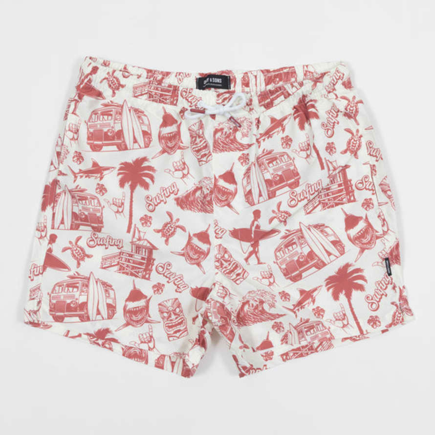 Only & Sons Only & Sons Graphic Swim Shorts In Red & Cream