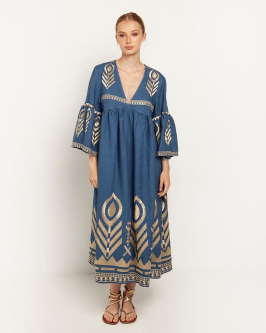 Greek Archaic Long Feather Dress In Indigo With Bell Sleeve And Gold Detail