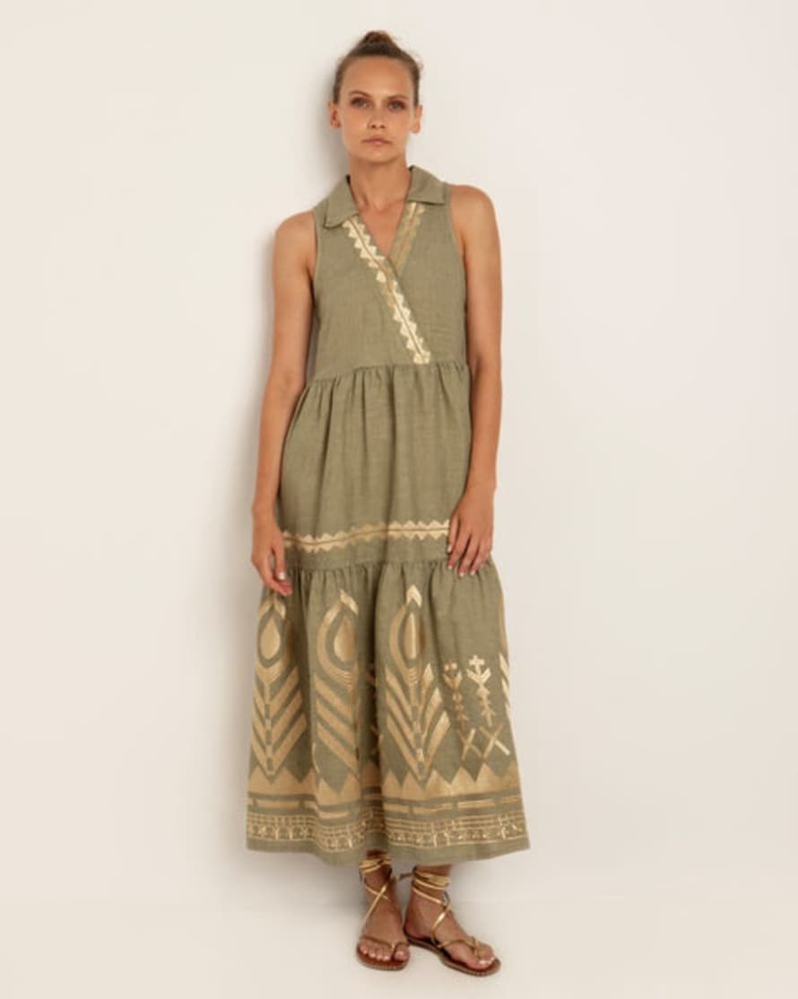 Greek Archaic Sleeveless Long Feather Dress In Tea With Gold Detail