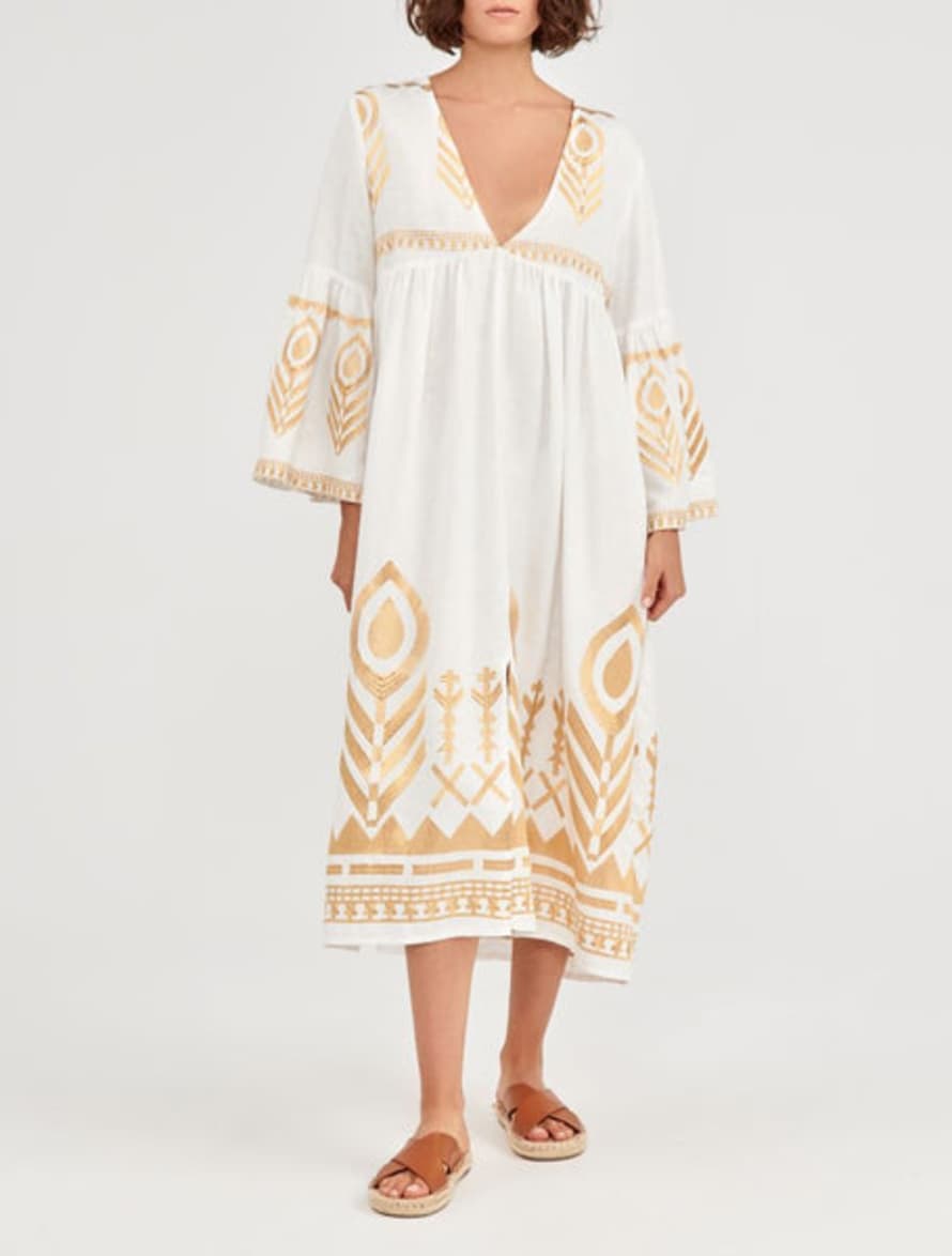 Greek Archaic Long Feather Dress In Natural With Bell Sleeve And Gold Detail