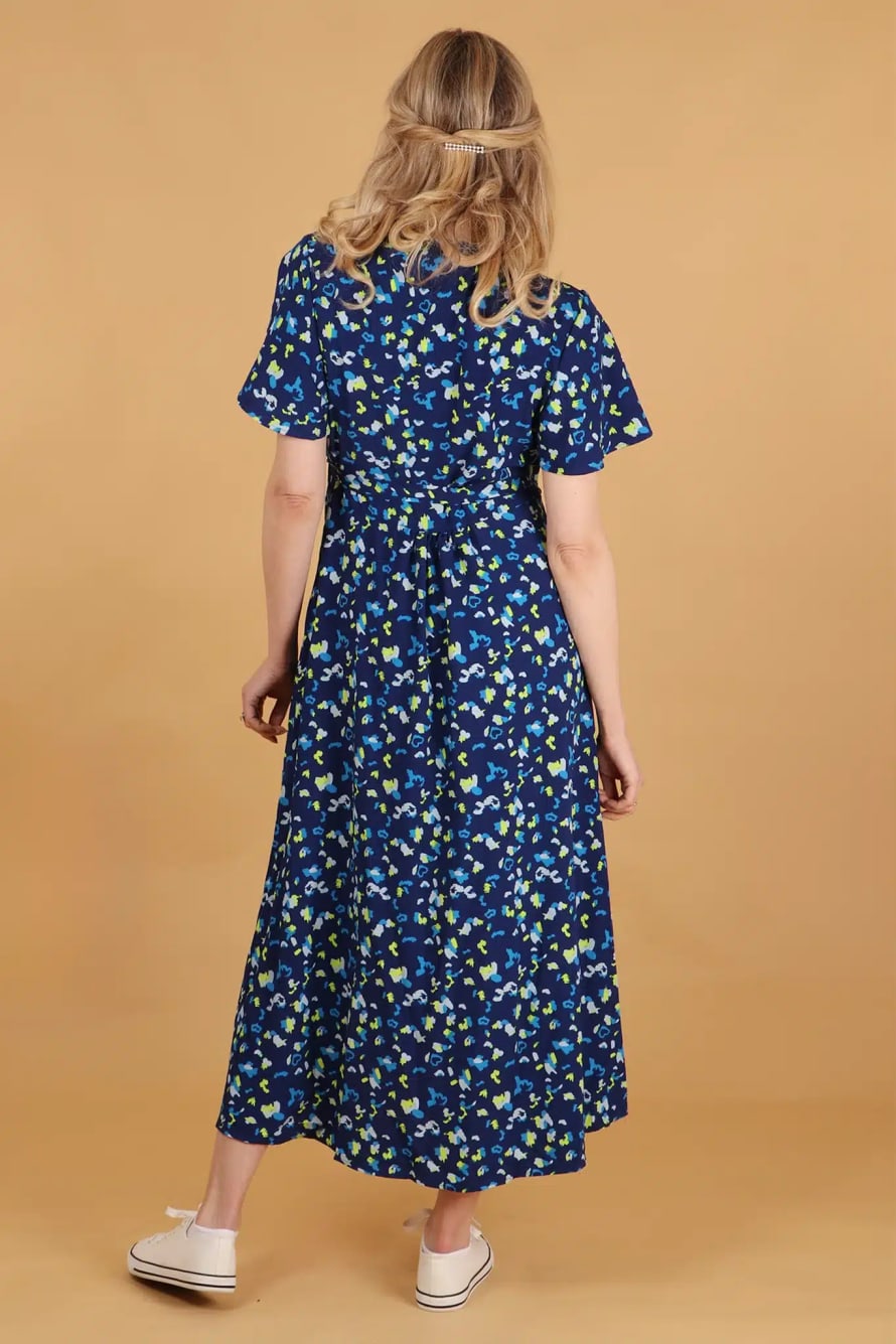 MSH Msh Abstract Leopard Print Short Sleeve Midi Wrap Dress In Blue