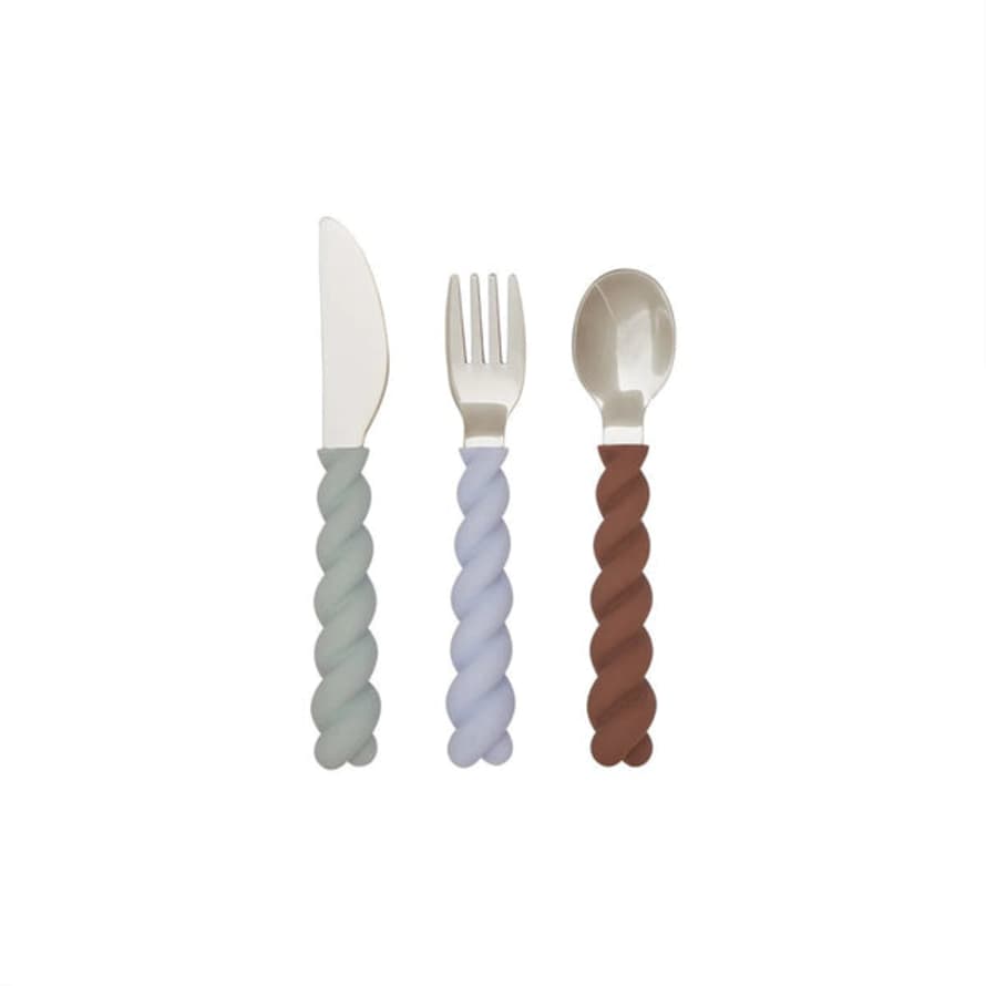 OYOY : Mellow Kids Cutlery - Pack Of 3 (blue / Chocolate)