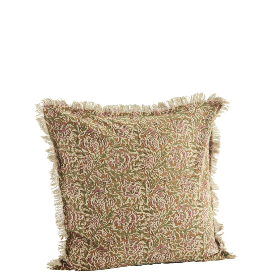 Madam Stoltz Honey and Pink Printed Cotton Cushion with Fringes