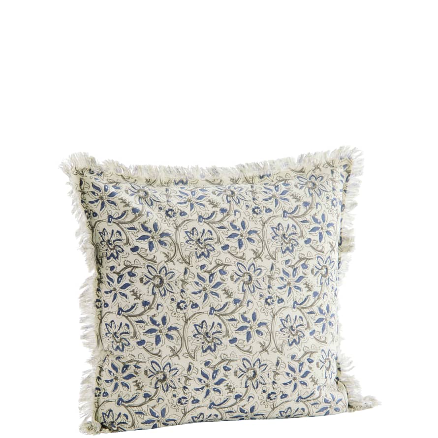 Madam Stoltz Off White and Blue Printed Cotton Cushion with Fringes