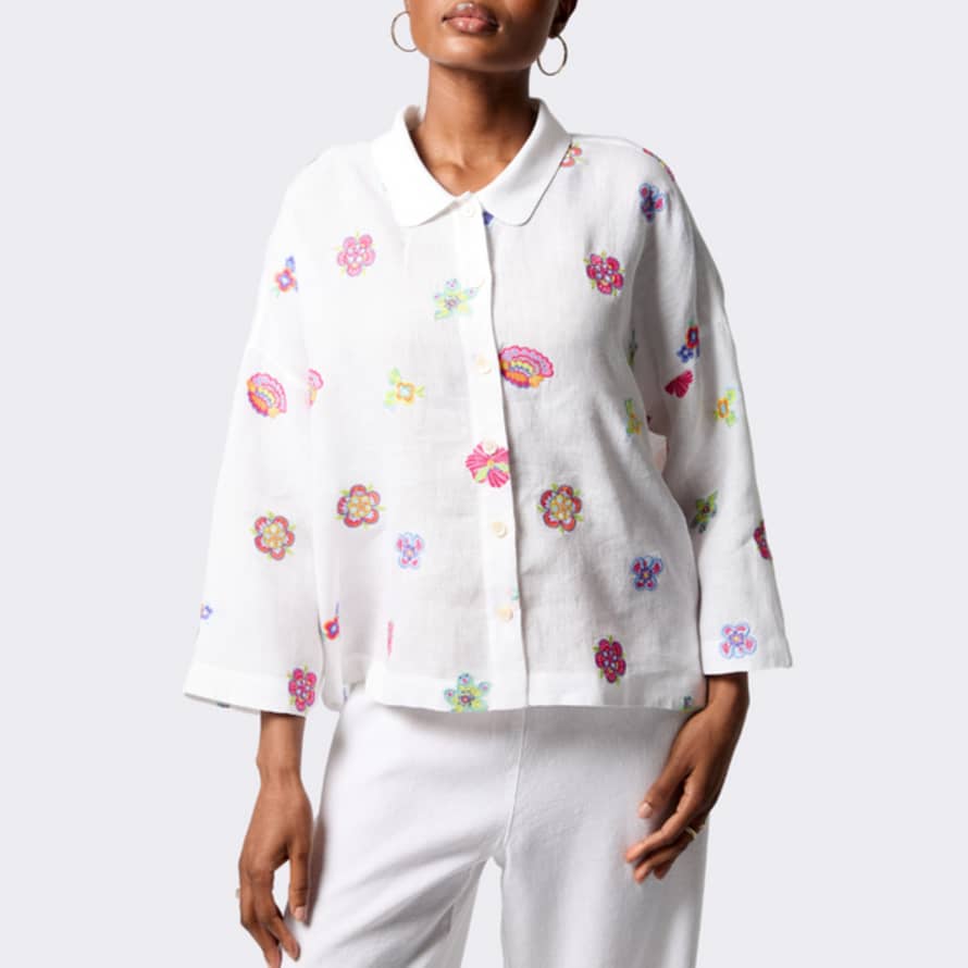 Sahara Floral Embroidery Boxy Shirt - White/multi