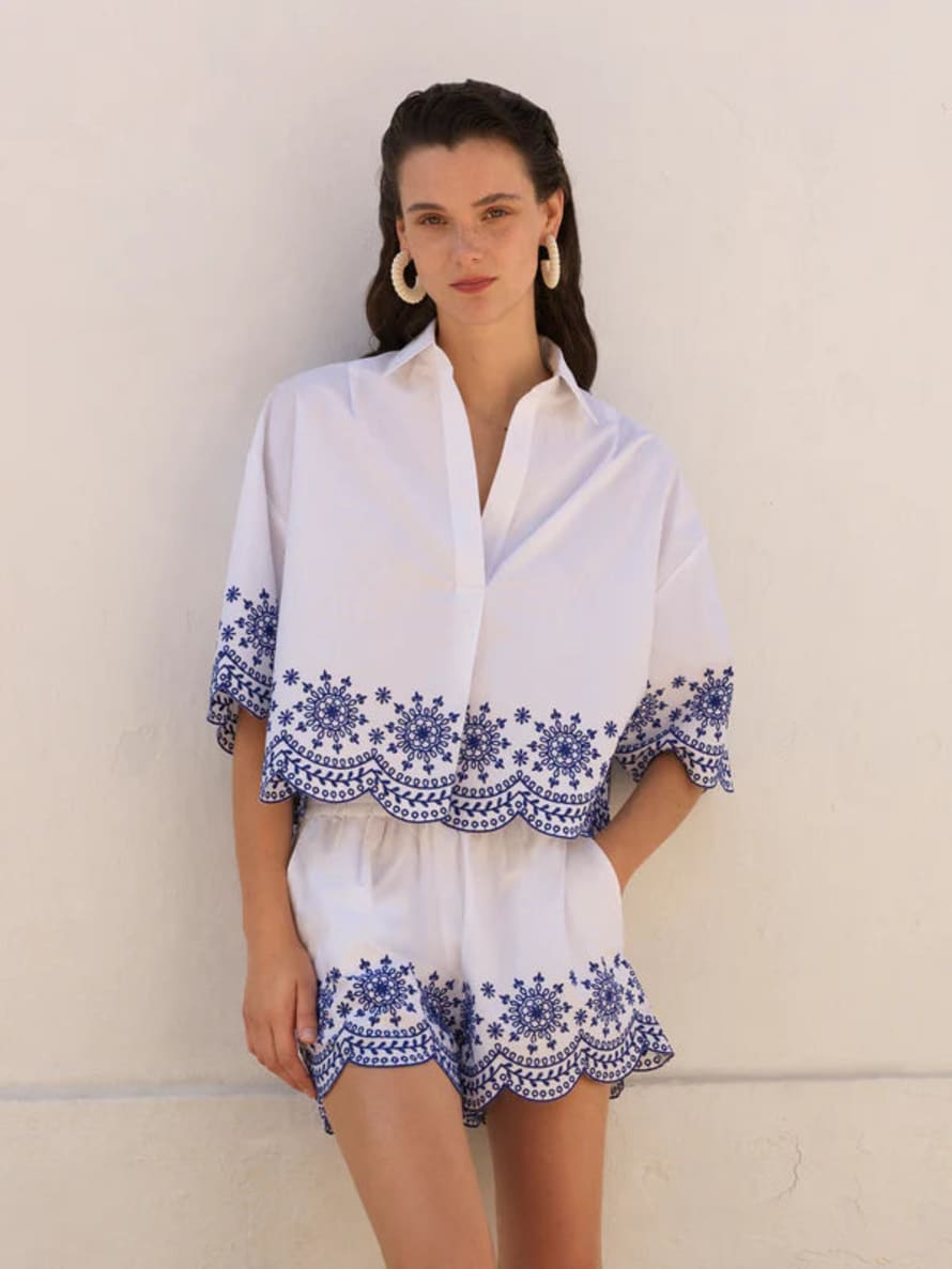French Connection Alissa Cotton Embroidered Popover Shirt-linen White-72wcb