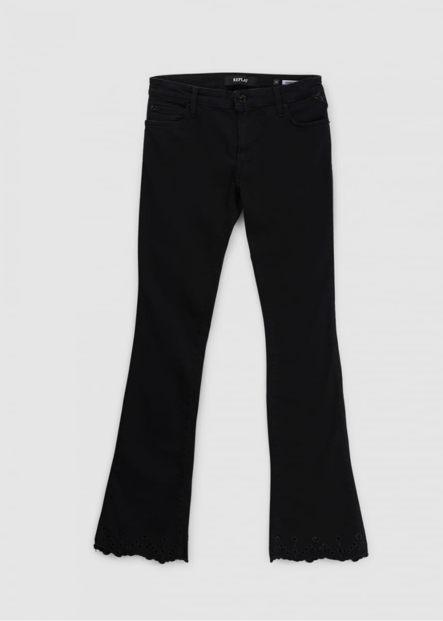 Replay Womens Dominiqli Broderie Cropped Bootcut Jeans In Black