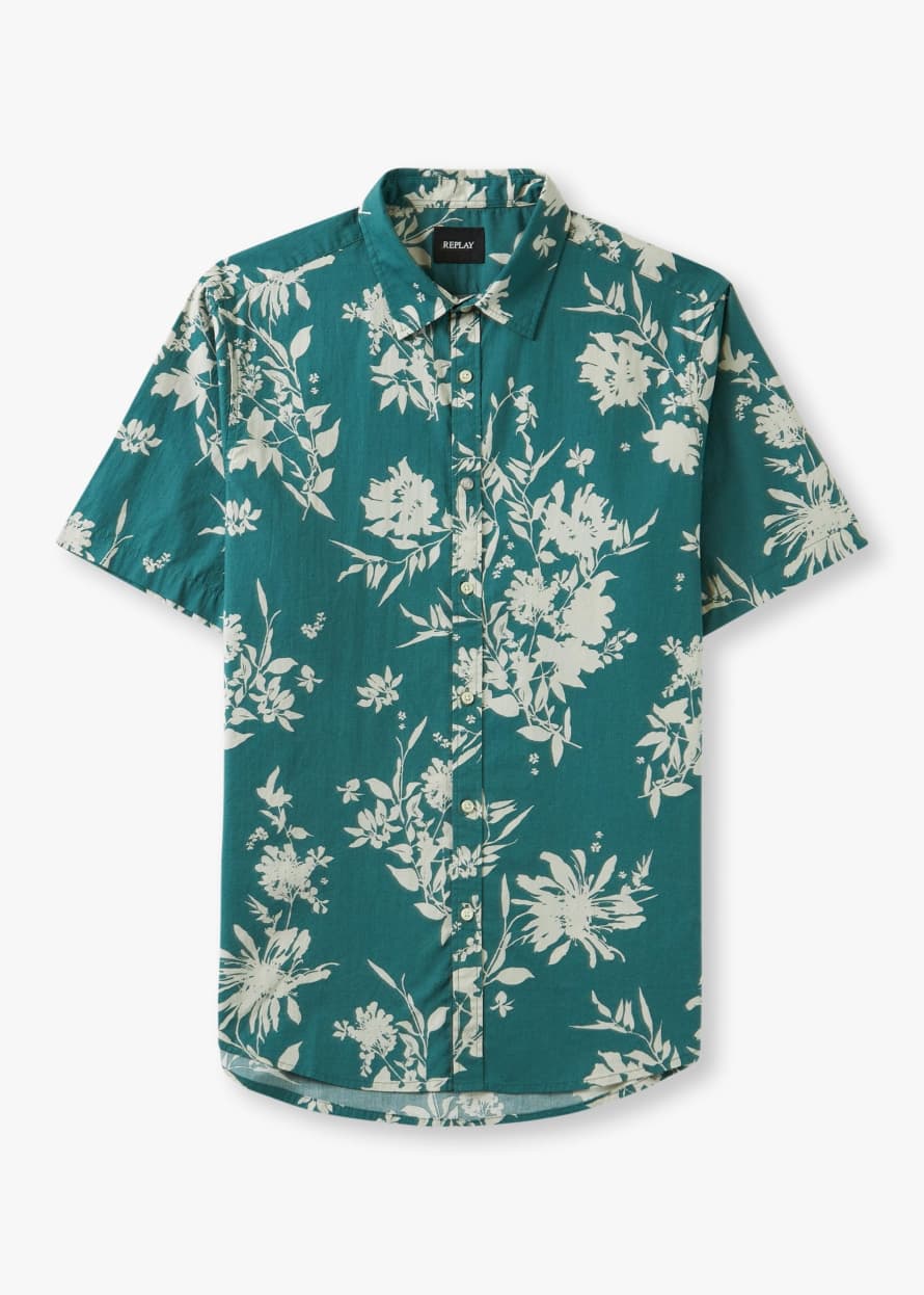 Replay Mens Floral Print Short Sleeve Shirt In Pale Emerald & Beige