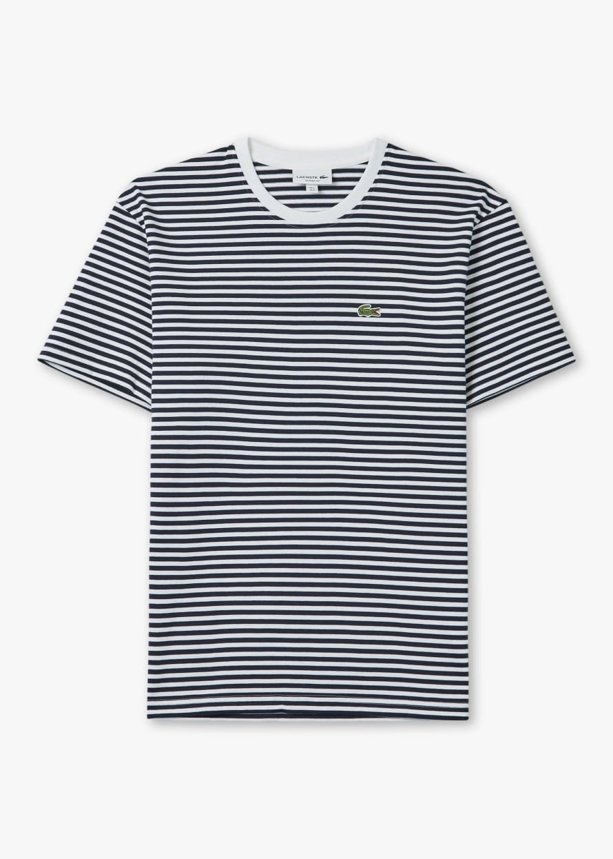 Lacoste Mens Heavy Cotton Striped T-Shirt In White/Navy