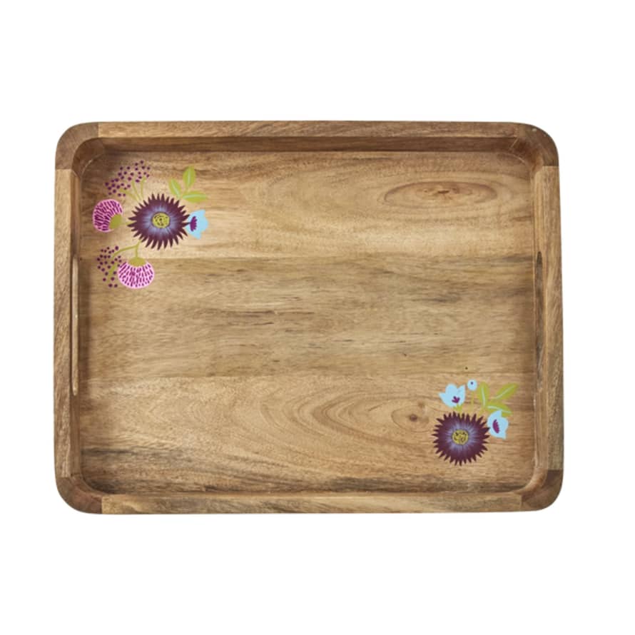 rice Rice Rectangular Wooden Tray With Flowers