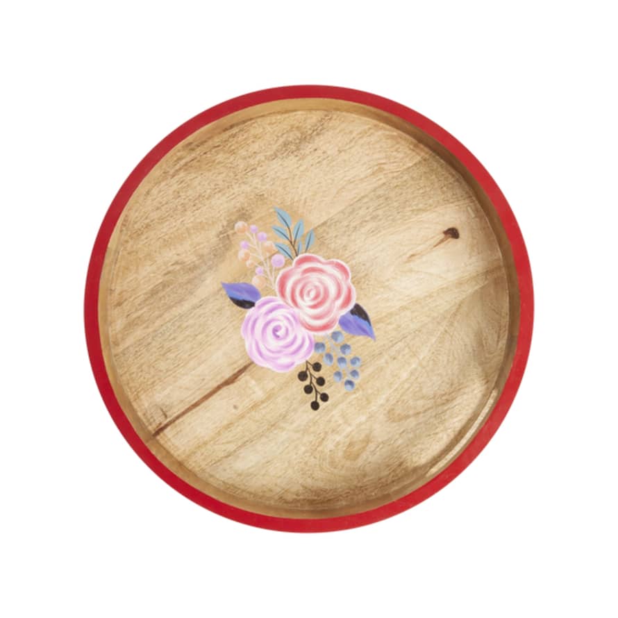 rice Rice Round Wooden Tray With Flowers