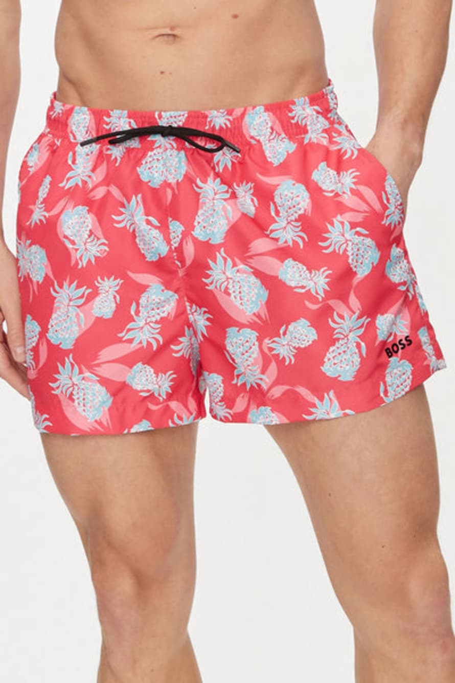 Hugo Boss Ery Fully Lined Swim Shorts With Pineapple Print In Dark Pink 50515718 655