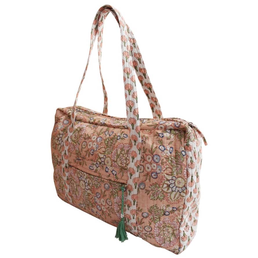 House of disaster Block Printed Peach Floral Quilted Bag
