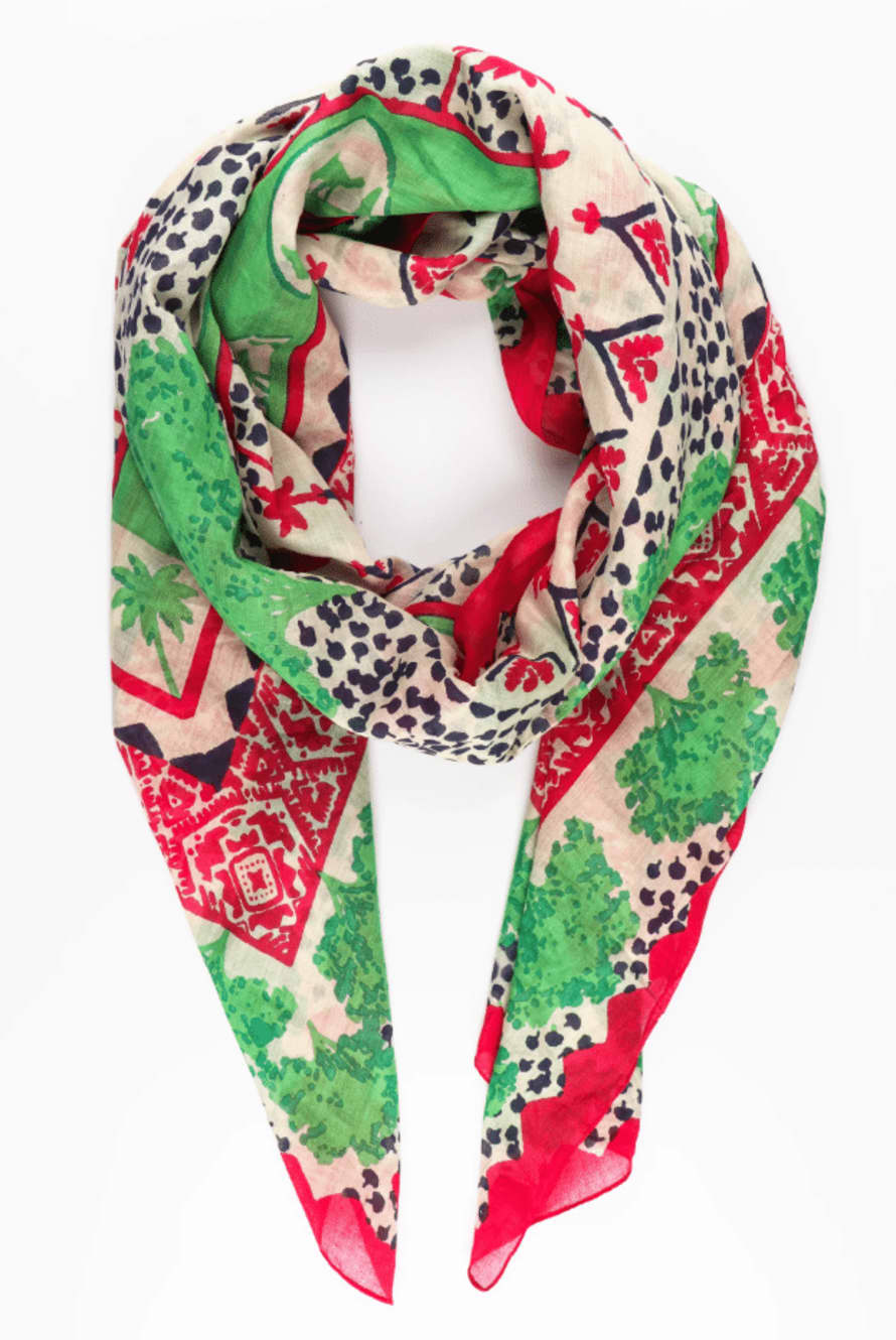MSH Desert Camel and Palm Tree Print Bordered Cotton Scarf In Green