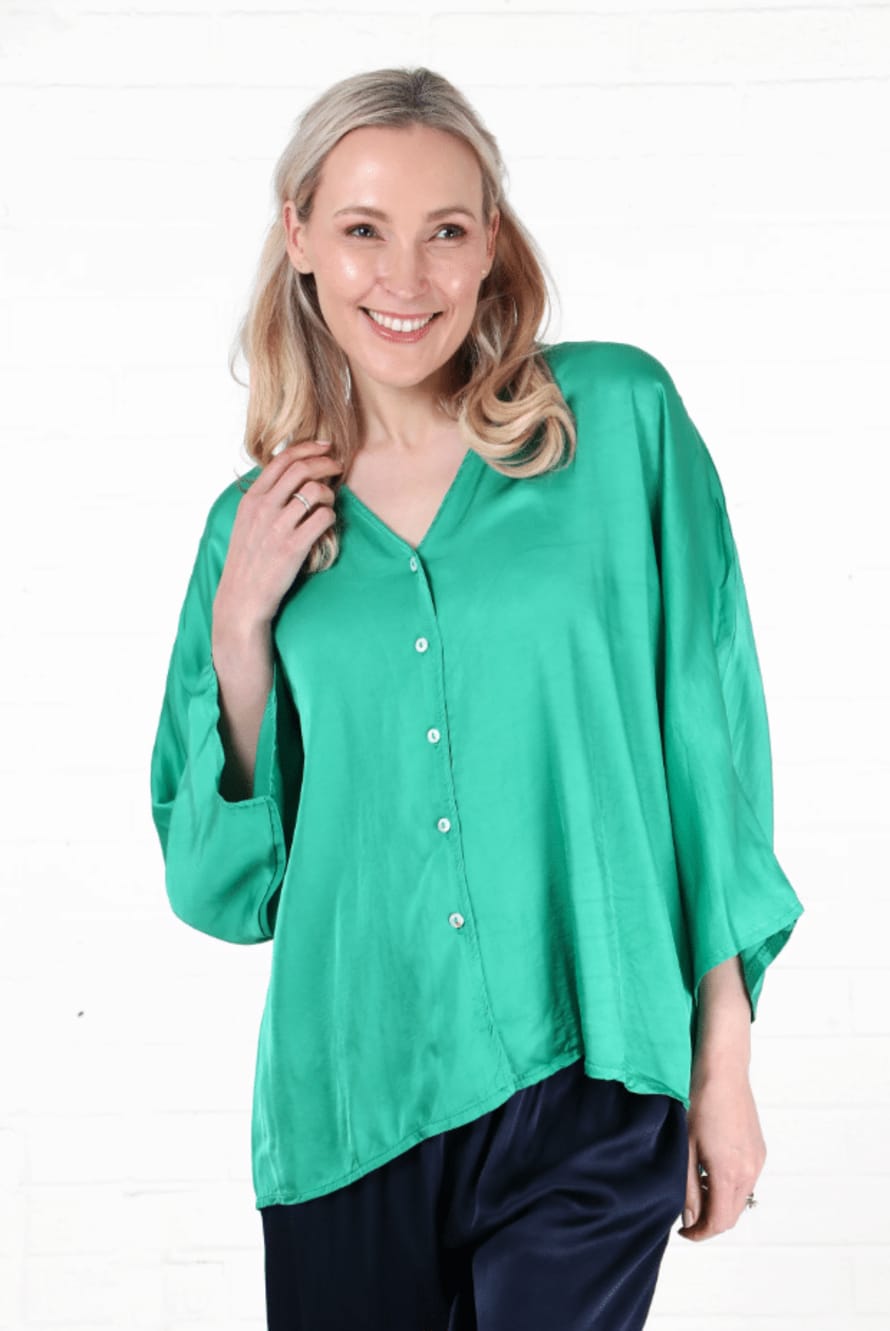 MSH Oversized Button Down Silk Textured Blouse In Green
