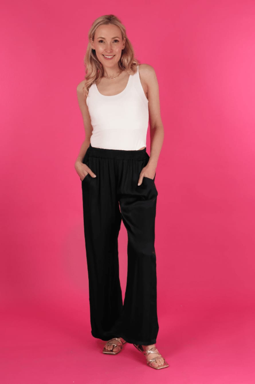 MSH Silk Textured Wide Leg Trousers with Elasticated Waist In Black