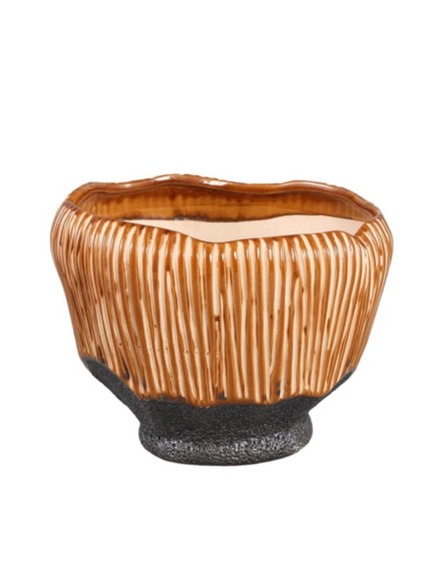 PTMD Chido Brown Glazed Striped Ceramic Plant Pot With Base