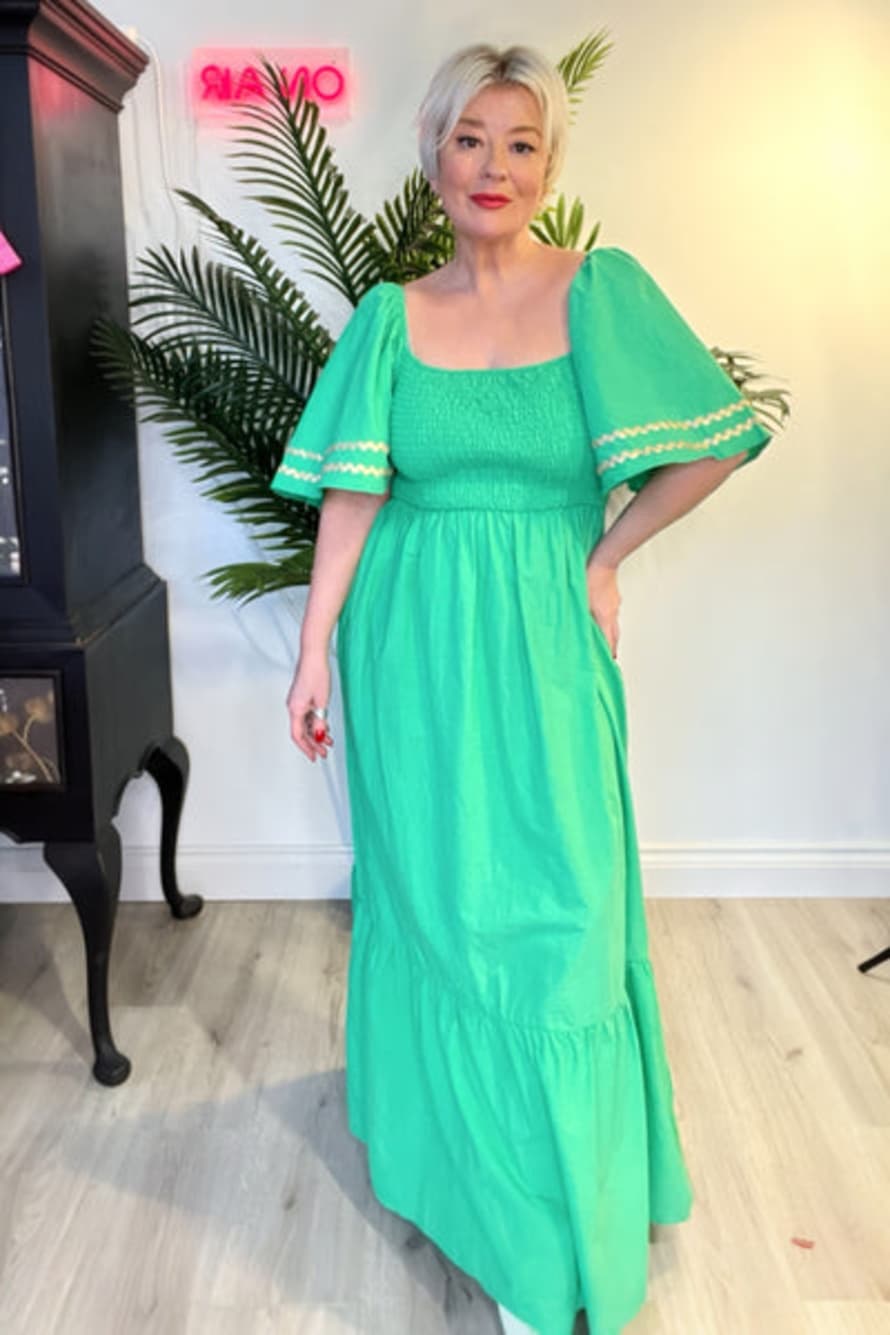 Miss Shorthair Ltd Green Cotton Shirred Maxi Dress
