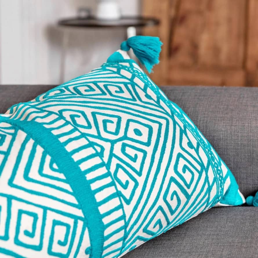 Rhool Embroidered Rectangular Cushion - Blue
