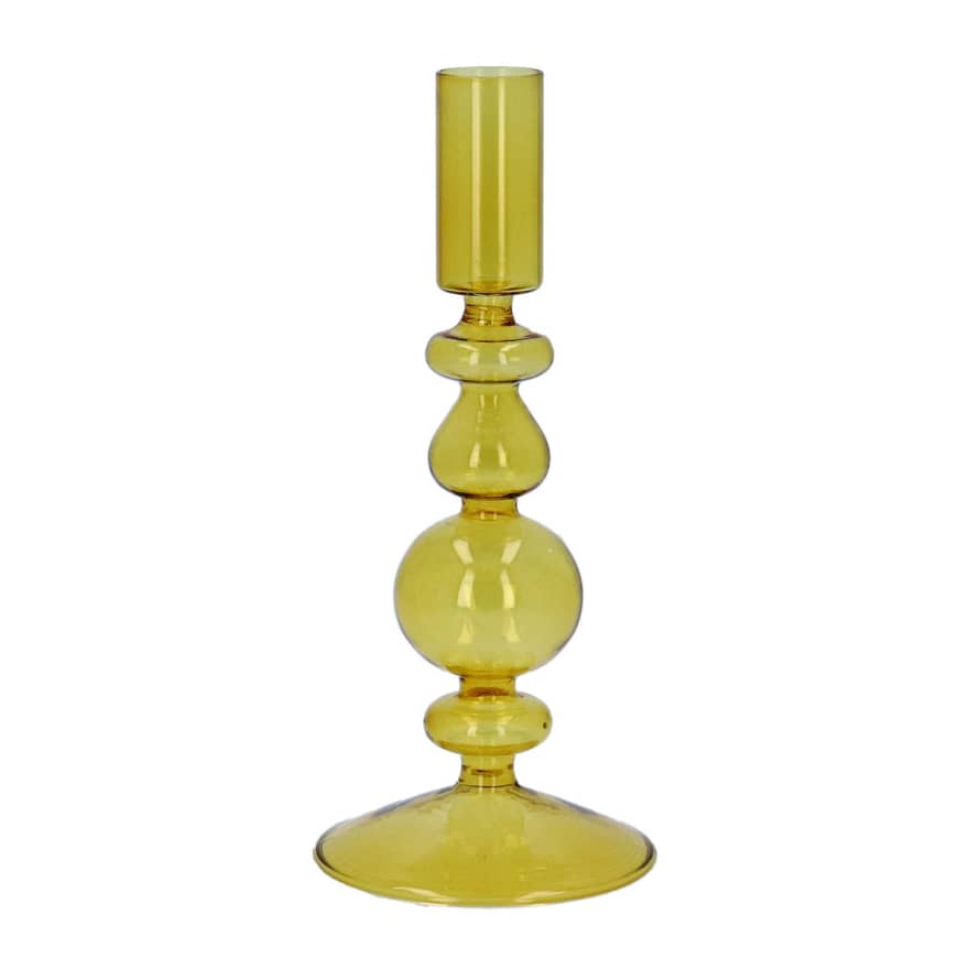 Gisela Graham Yellow Glass Piped Taper Candlestick
