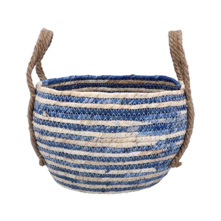 Gisela Graham Small Blue Stripes Round Corn Husk Basket